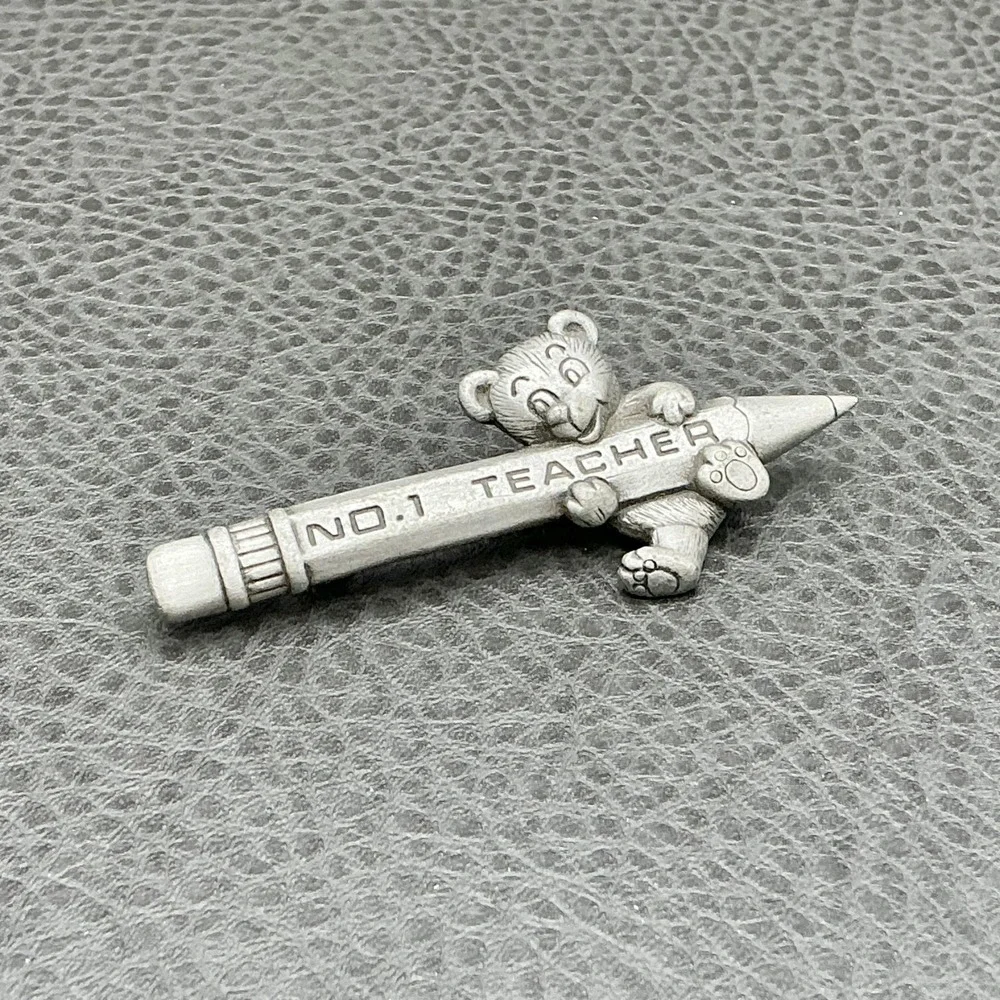 Vintage JJ Brooch Teacher Pin Silver Tone No.1 Teacher Bear Pencil 2.5 Inch